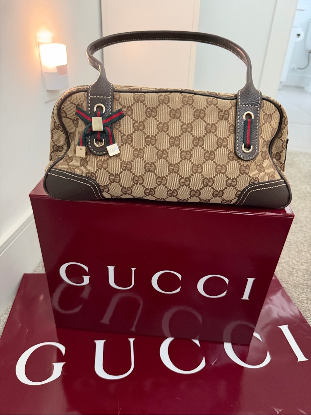 Gucci Beige GG Canvas Shoulder Bag with Brown Leather Trim